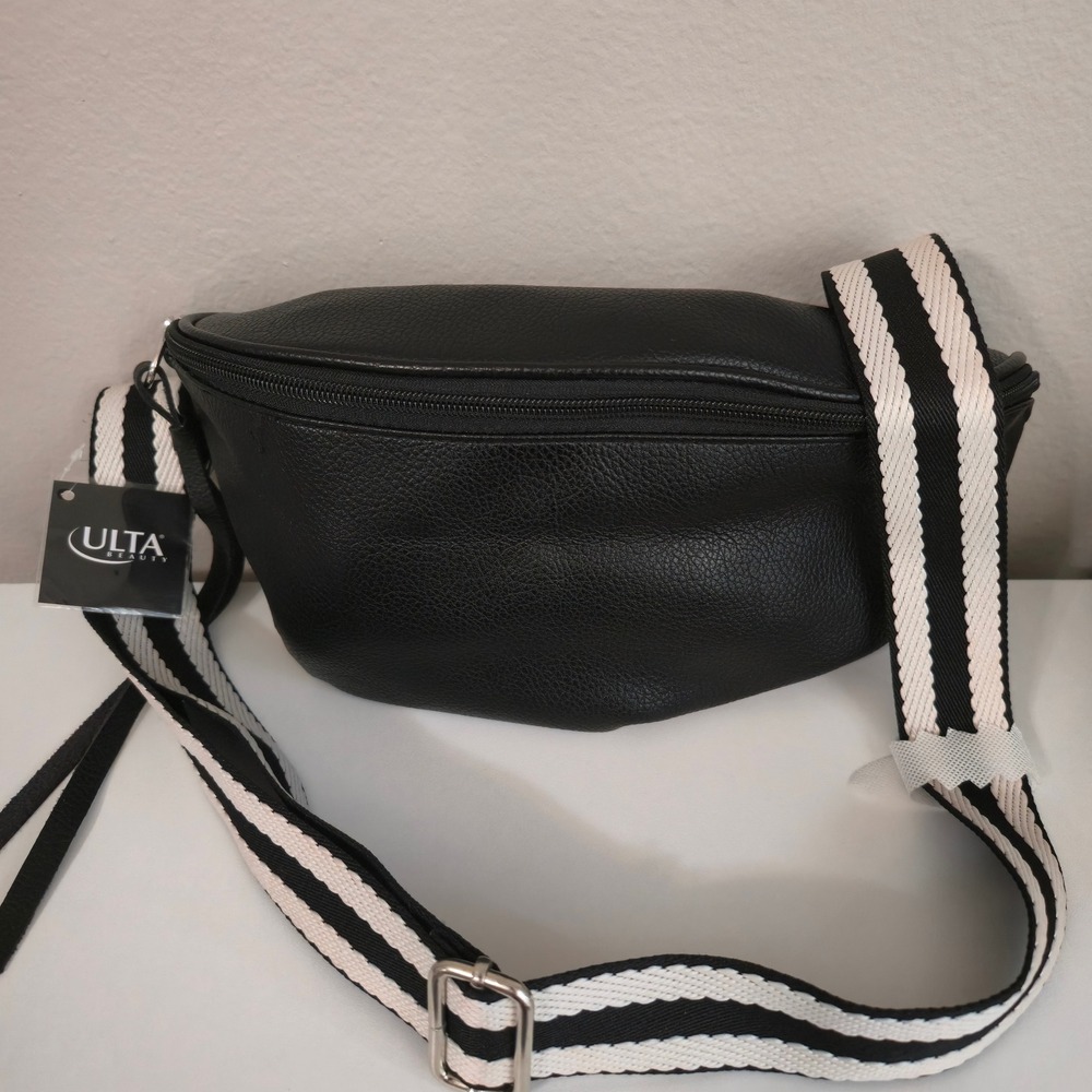 Ulta Beauty Black Pebbled Faux Leather Belt Bag Striped Guitar Strap NWT